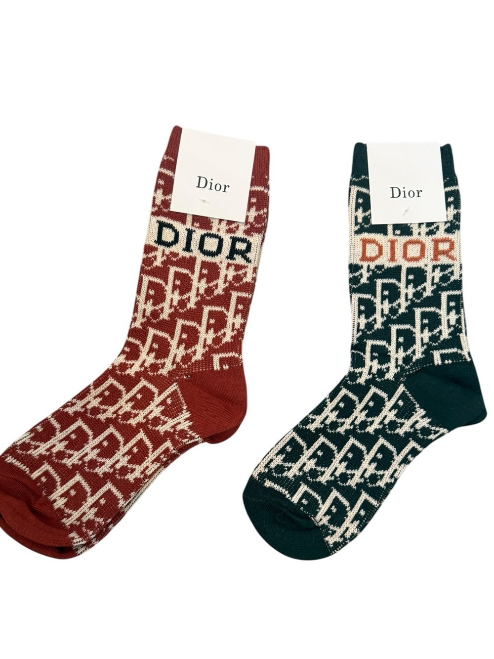 2 Pair Dior Outlet Knit Socks - Green/Cream and Rust/Cream